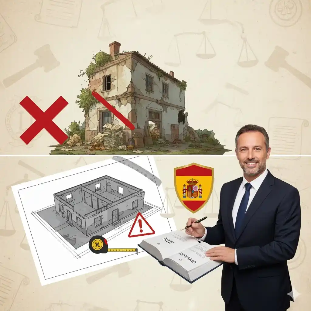 La partie supérieure montre une maison délabrée avec un grand "X" rouge barrant une section, symbolisant des problèmes cachés ou des défauts à éviter. Un arrière-plan subtil de symboles juridiques (balance de justice, marteau de juge) est visible. La partie inférieure présente un avocat francophone souriant, tenant un document intitulé "NIE Notario". À ses côtés, un plan architectural d'une maison est posé sur une table, avec une équerre, un mètre ruban et un panneau d'avertissement. Un bouclier avec le drapeau espagnol est également présent. L'arrière-plan continue avec les symboles juridiques estompés.